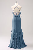 Vestido largo de dama de honor de gasa con volantes halter de sirena de Tahití