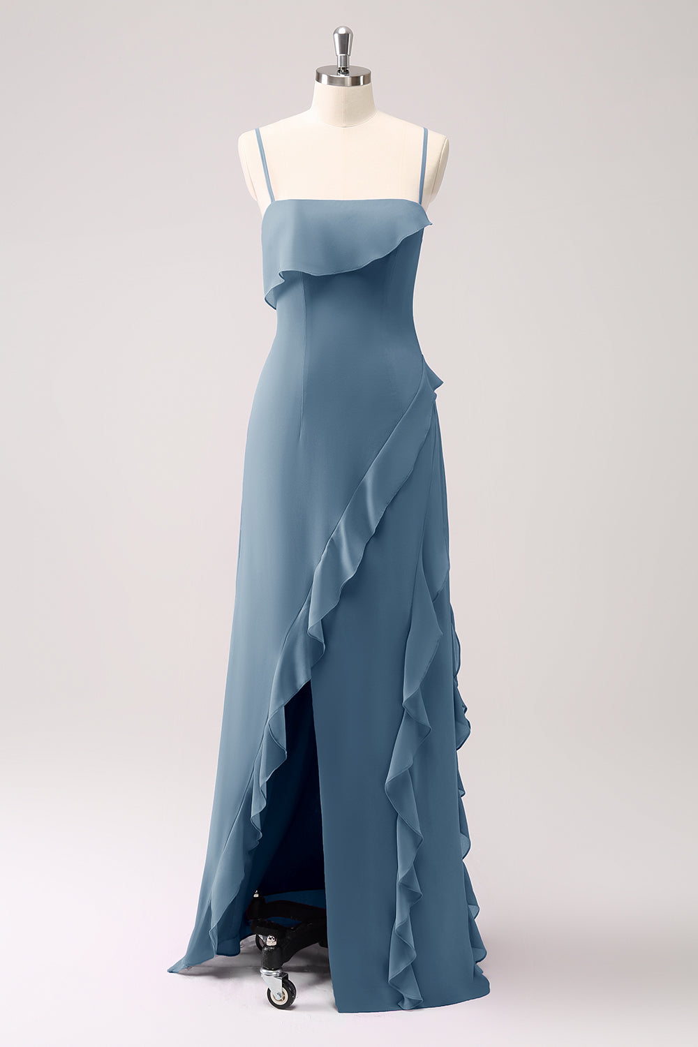 Tahití Volantes Tirantes de Espagueti Vestido largo de dama de honor de gasa con abertura