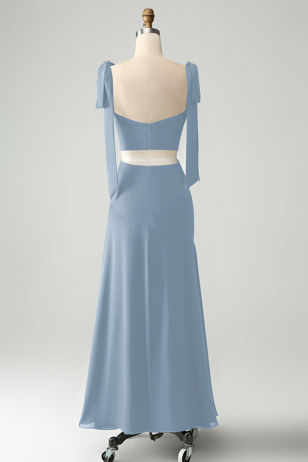 Azul polvoriento A Line Spaghetti Straps Vestido de invitada de boda hasta el suelo con abertura