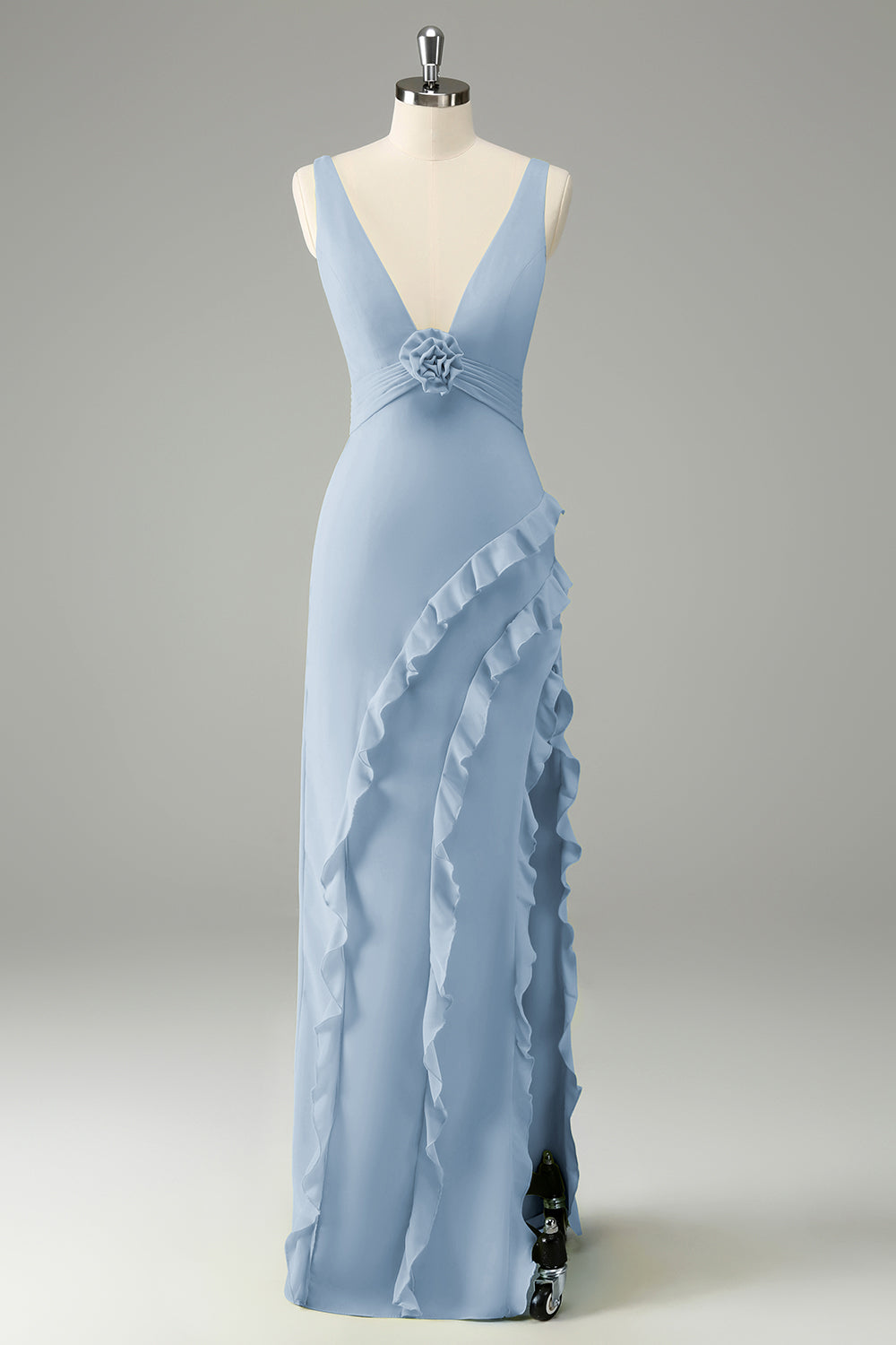 Vestido de invitada de boda con volantes de cuello en V profundo de narciso con abertura