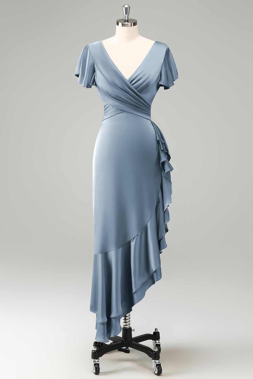 Vestido de invitada de boda de satén con cuello en V verde oscuro con volantes