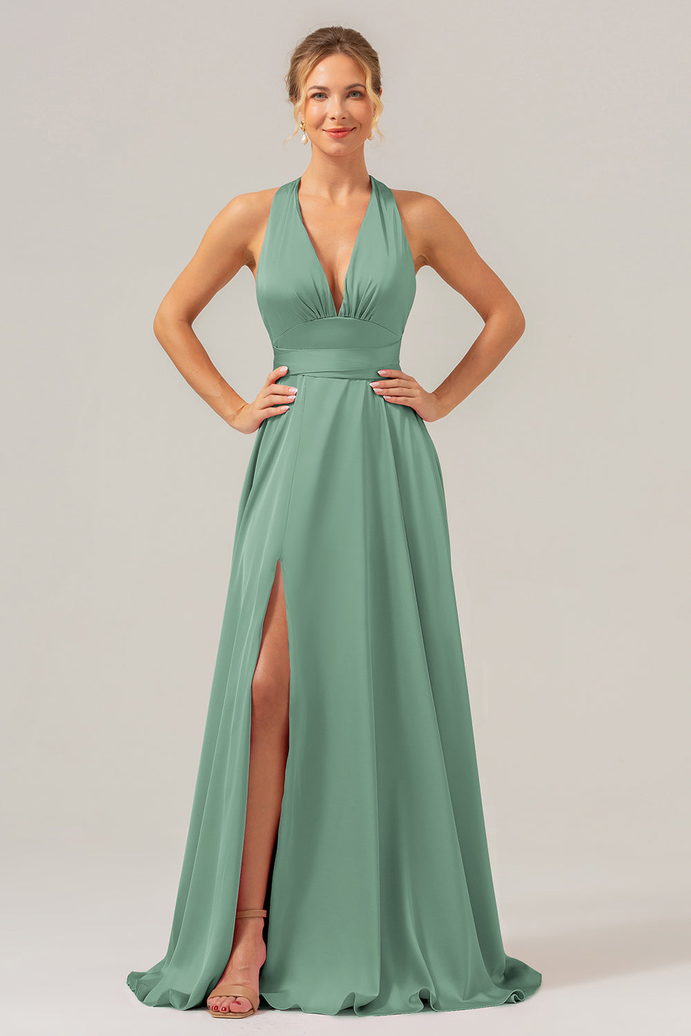 Vestido de dama de honor largo de satén sin espalda con escote en V Salvia Polvorienta A Line con abertura