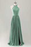 Vestido de dama de honor largo halter azul grisáceo con abertura