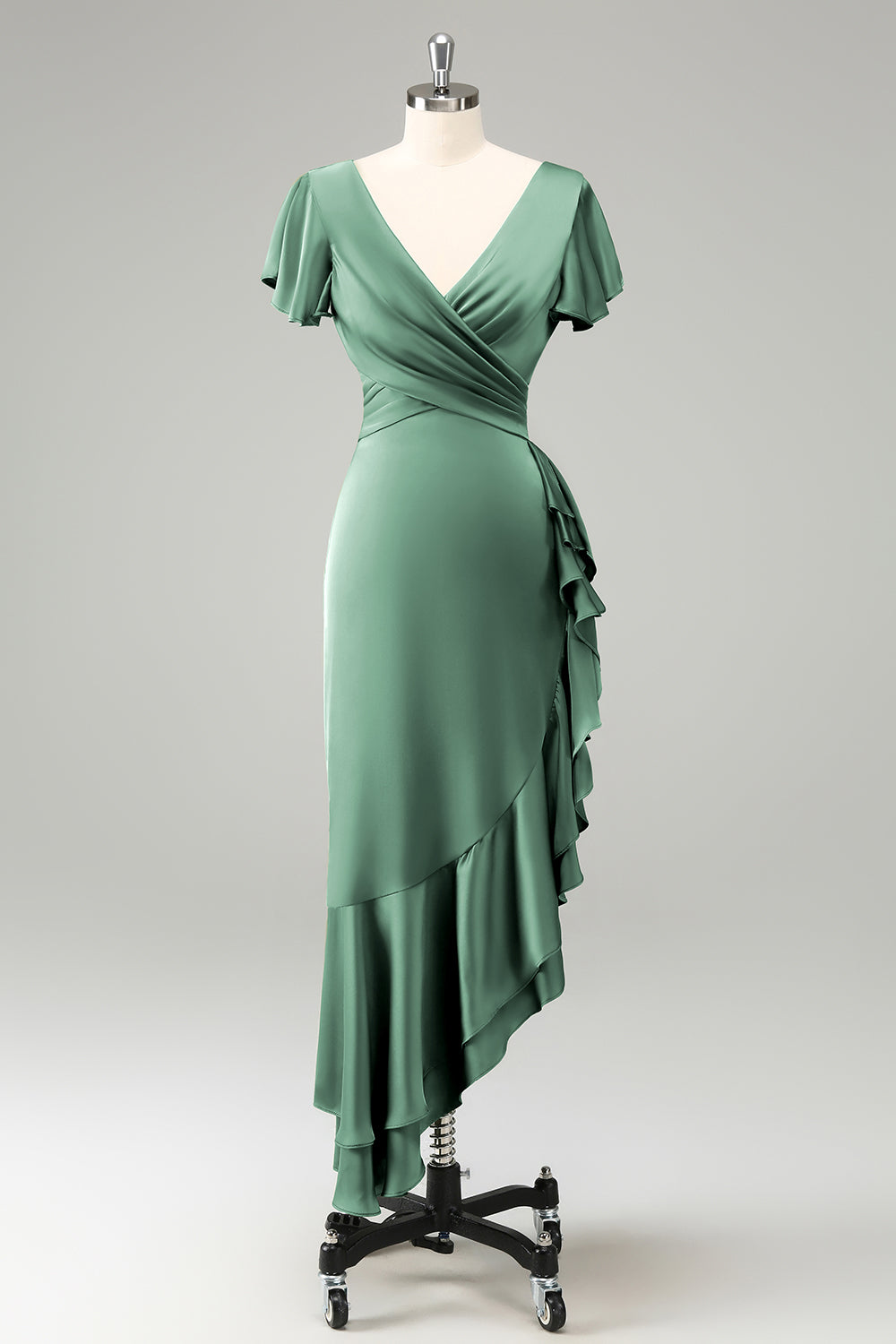 Vestido de invitada de boda de satén con cuello en V verde oscuro con volantes