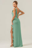 Vestido de dama de honor Salvia Polvorienta largo con escote en V profundo y cuello en V profundo con abertura de volantes