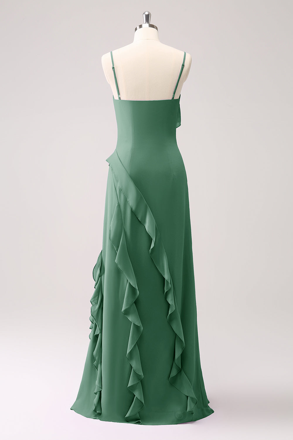 Eucalipto Volantes Tirantes de Espagueti Vestido largo de dama de honor de gasa con abertura