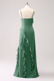 Eucalipto Volantes Tirantes de Espagueti Vestido largo de dama de honor de gasa con abertura