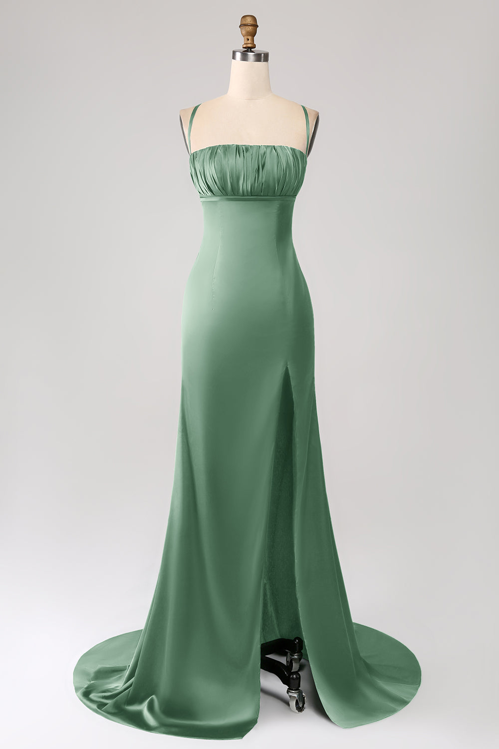Vestido de fiesta de satén con tirantes de espagueti de sirena rosa polvorienta con plisado