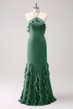 Vestido largo de dama de honor de gasa con volantes halter de sirena de Salvia polvorienta