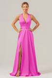 Vestido de dama de honor largo de satén sin espalda con escote en V Salvia Polvorienta A Line con abertura