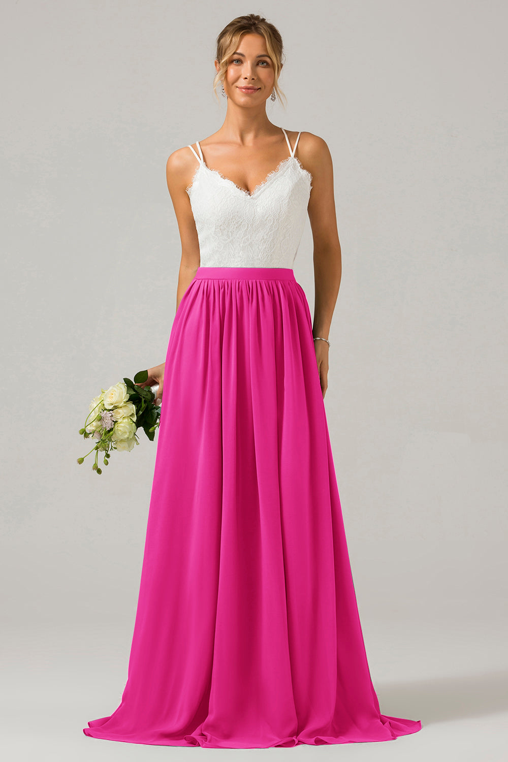 Vestido de dama de honor largo de gasa boho con espalda abierta de azul polvoriento con encaje
