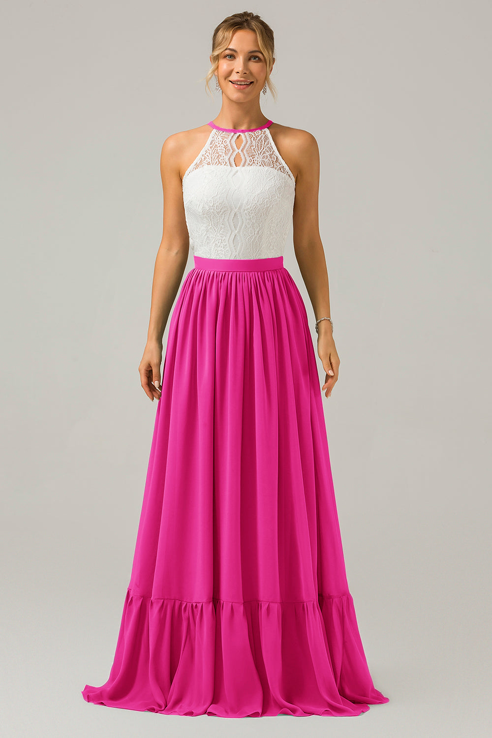 Vestido de dama de honor largo de gasa boho ojo de cerradura de azul polvoriento con encaje