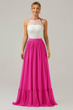 Vestido de dama de honor largo de gasa boho ojo de cerradura de azul polvoriento con encaje