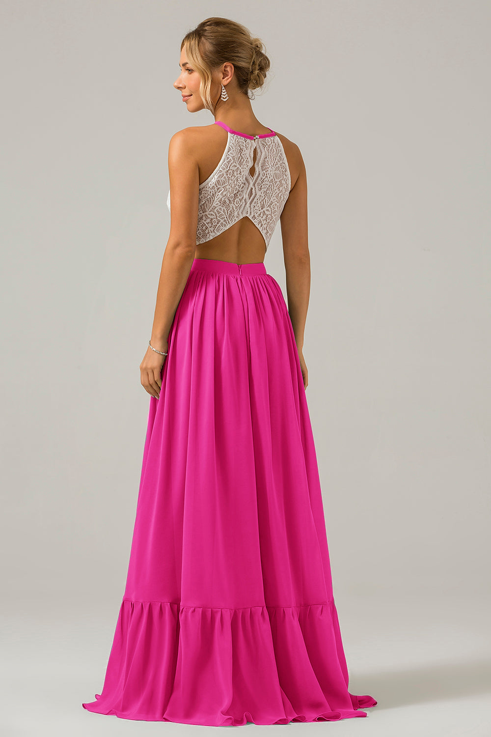 Vestido de dama de honor largo de gasa boho ojo de cerradura de azul polvoriento con encaje