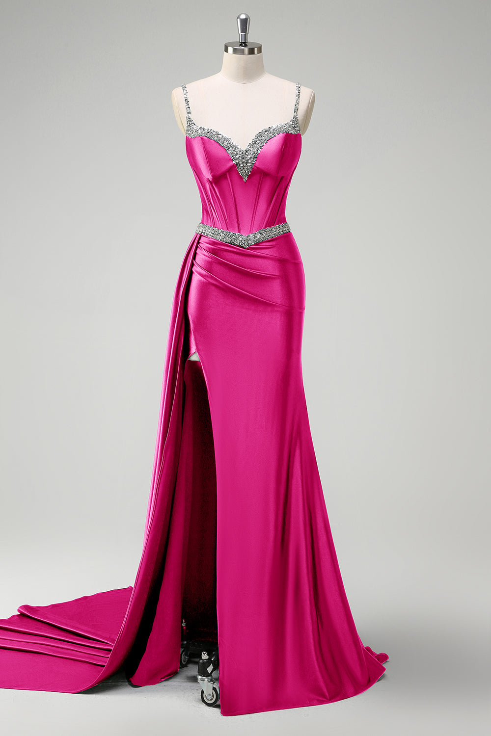 Vestido de fiesta de satén con corsé de lentejuelas con sirena verde oscuro brillante con abertura