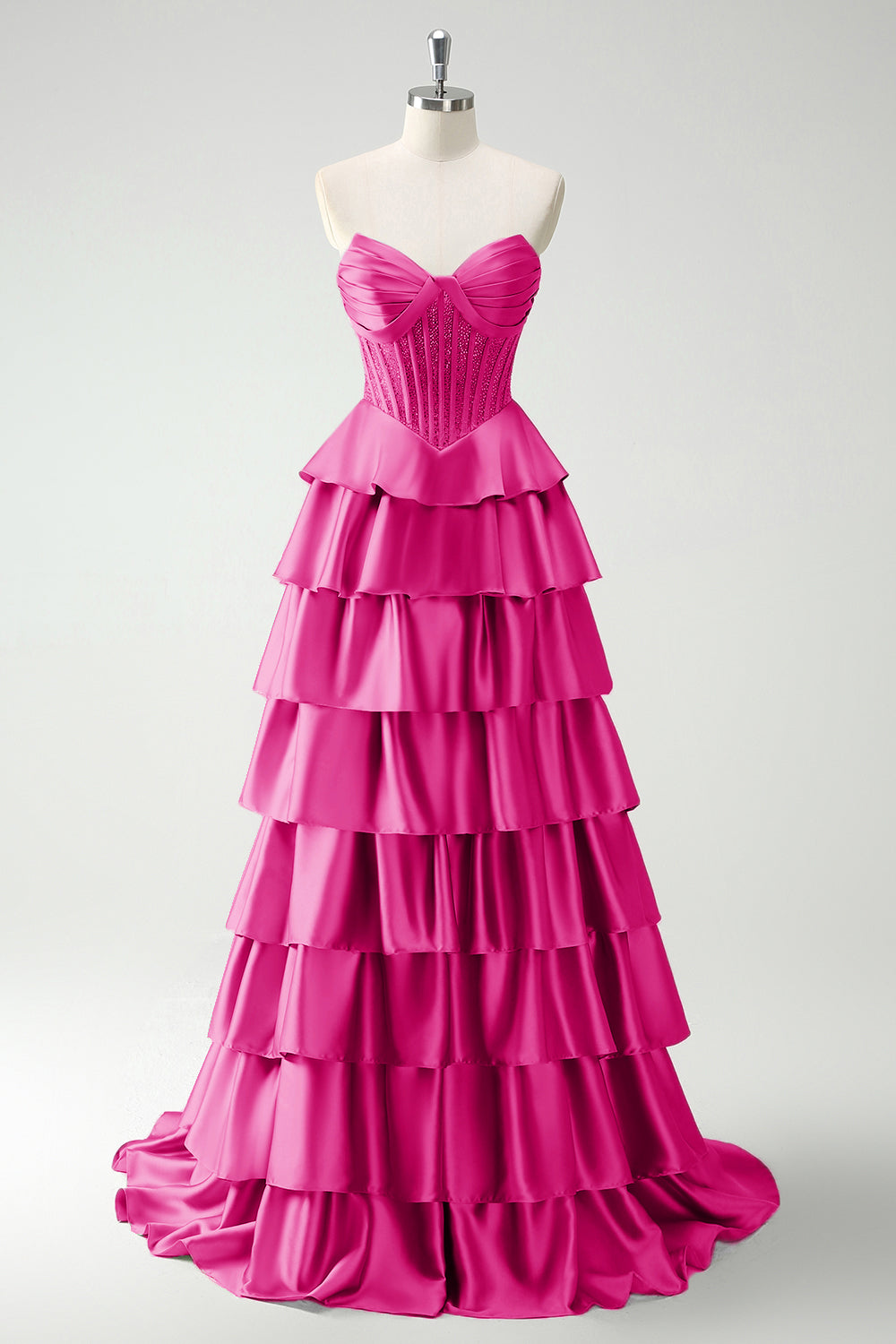 Vestido largo de baile con corsé de cuentas y cuentas de princesa en color burdeos con abertura
