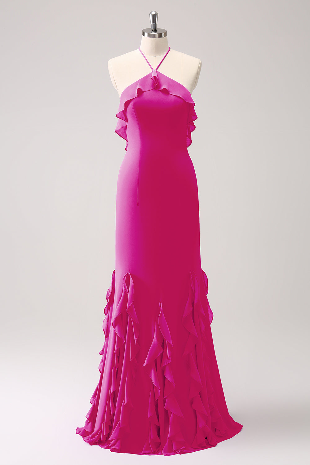 Vestido largo de dama de honor de gasa con volantes halter de sirena de Salvia polvorienta