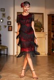 1920s Vestido Flecos Cuentas Negro Rojo