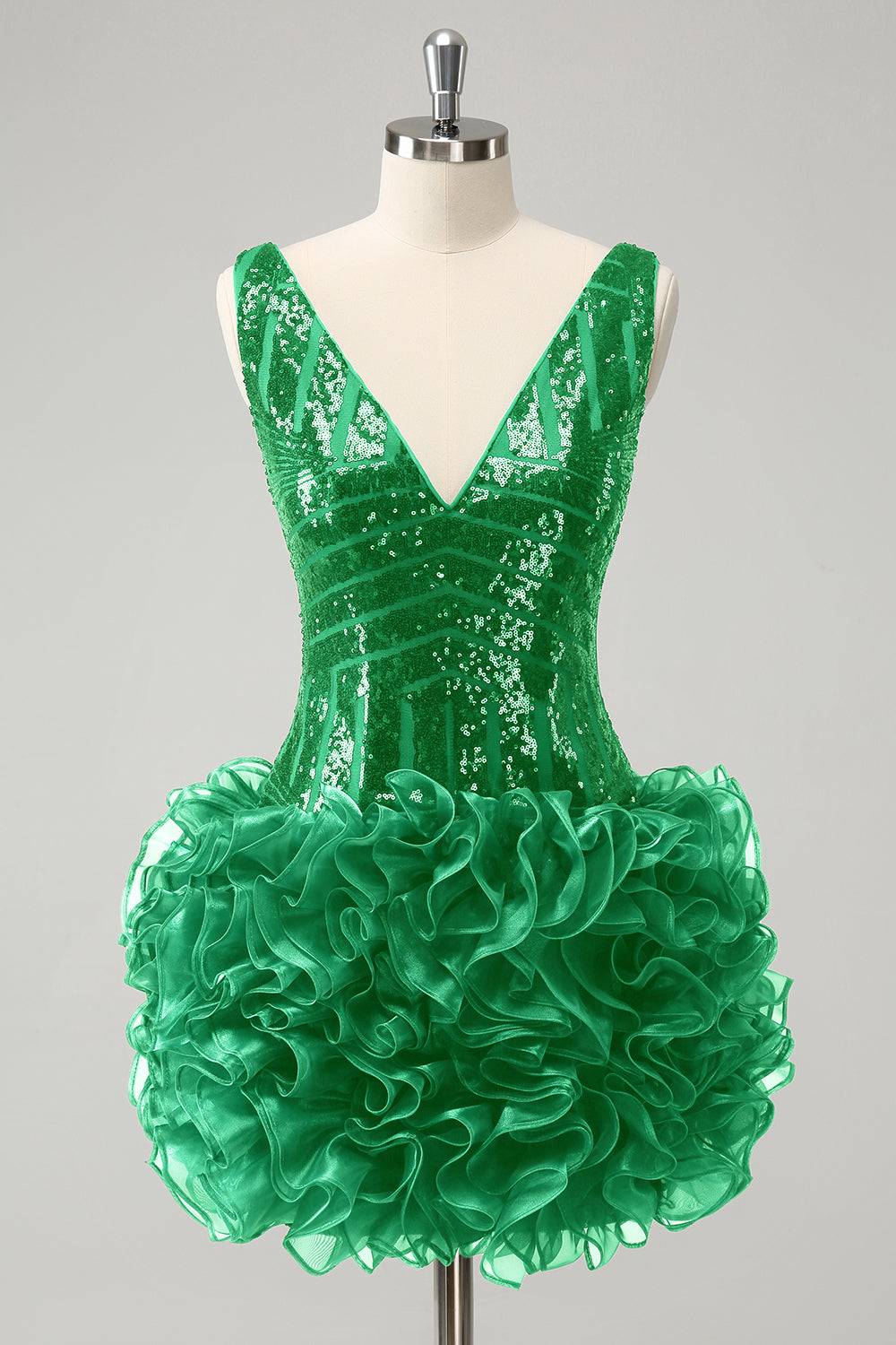 Vestido de cóctel de lentejuelas con cuello en V verde oscuro con purpurina y volantes desmontables