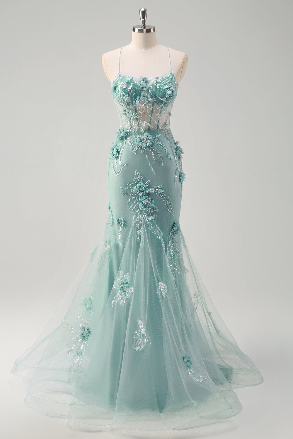 Vestido de fiesta largo con corsé largo de tul con tirantes de espagueti de sirena azul con flores 3D