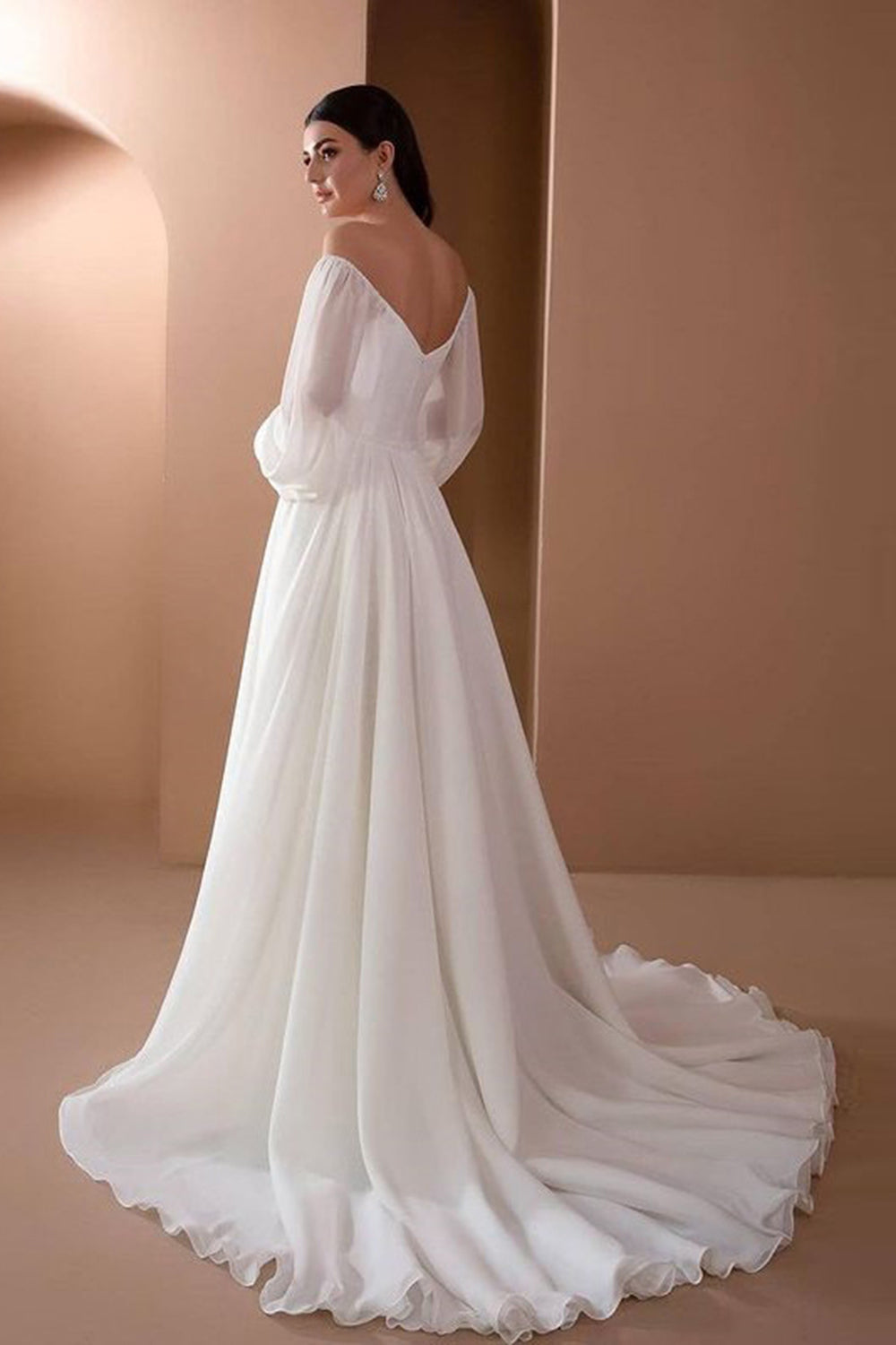 Vestido de fiesta de boda blanco de manga larga con hombros descubiertos de línea A
