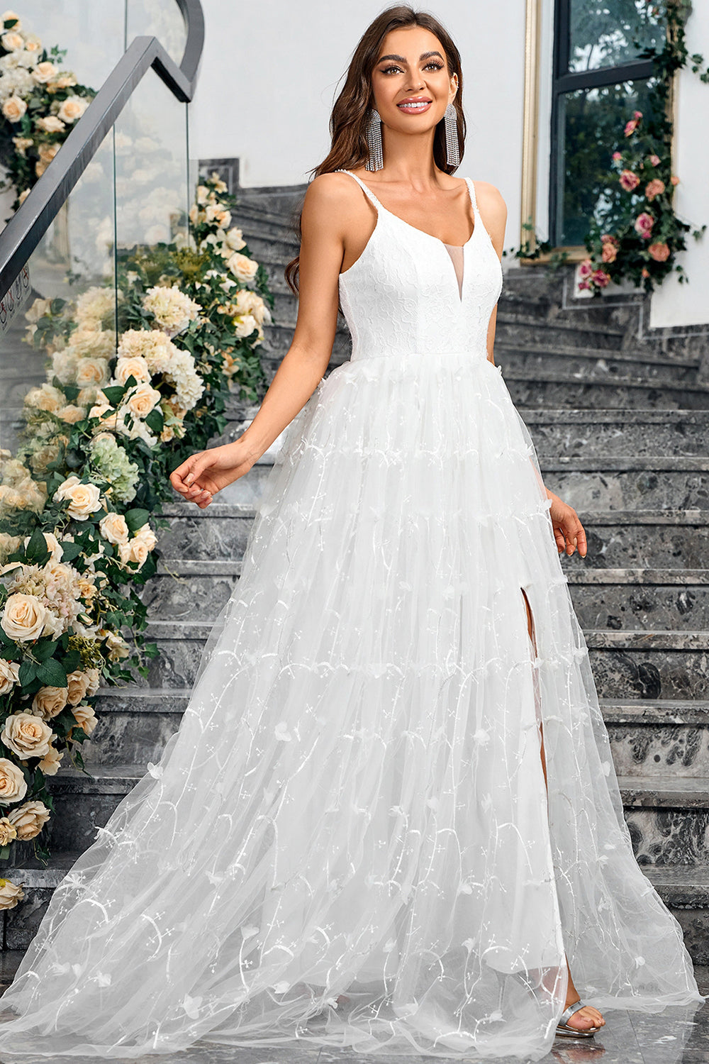 Tirantes de espagueti de línea A blanca Apliques Tul Vestido largo de fiesta de boda con abertura