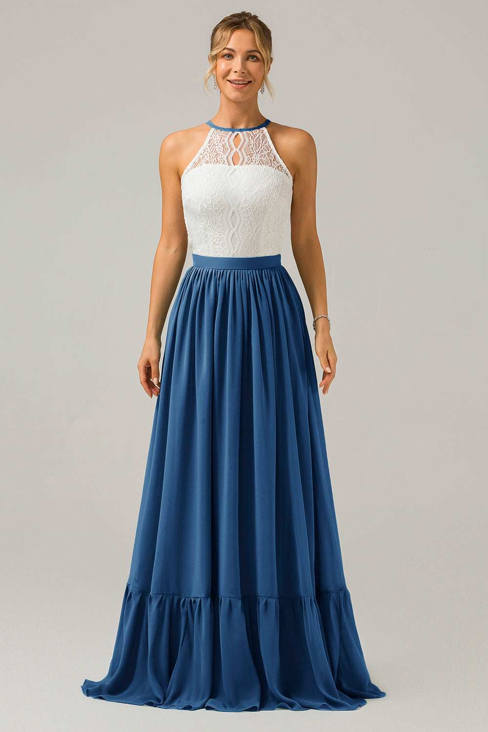 Vestido de dama de honor largo de gasa boho ojo de cerradura de azul polvoriento con encaje