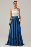Vestido de dama de honor largo de gasa boho ojo de cerradura de azul polvoriento con encaje