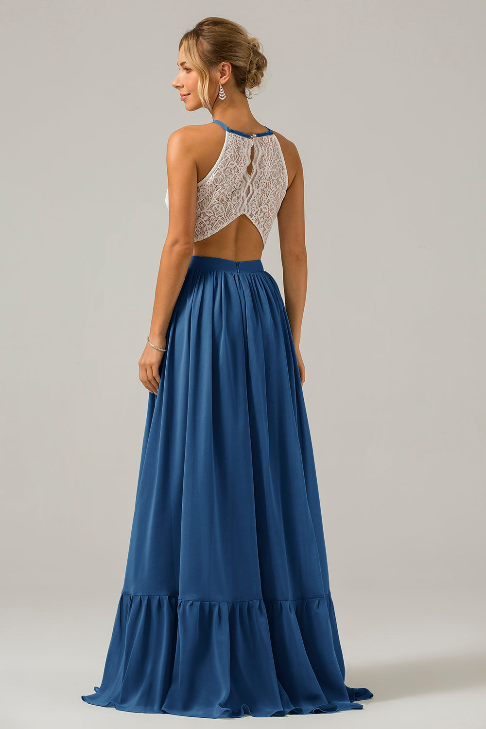 Vestido de dama de honor largo de gasa boho ojo de cerradura de azul polvoriento con encaje