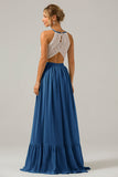 Vestido de dama de honor largo de gasa boho ojo de cerradura de azul polvoriento con encaje