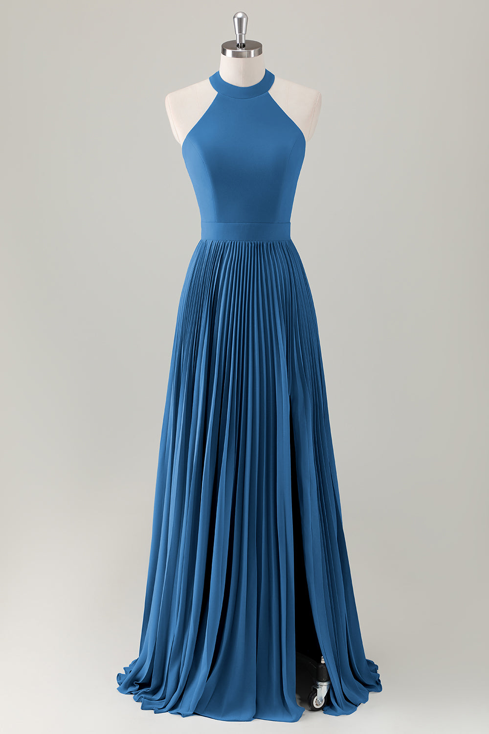 Vestido de dama de honor largo halter azul grisáceo con abertura