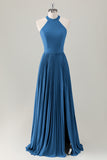 Vestido de dama de honor largo halter azul grisáceo con abertura
