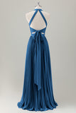 Vestido de dama de honor largo halter azul grisáceo con abertura