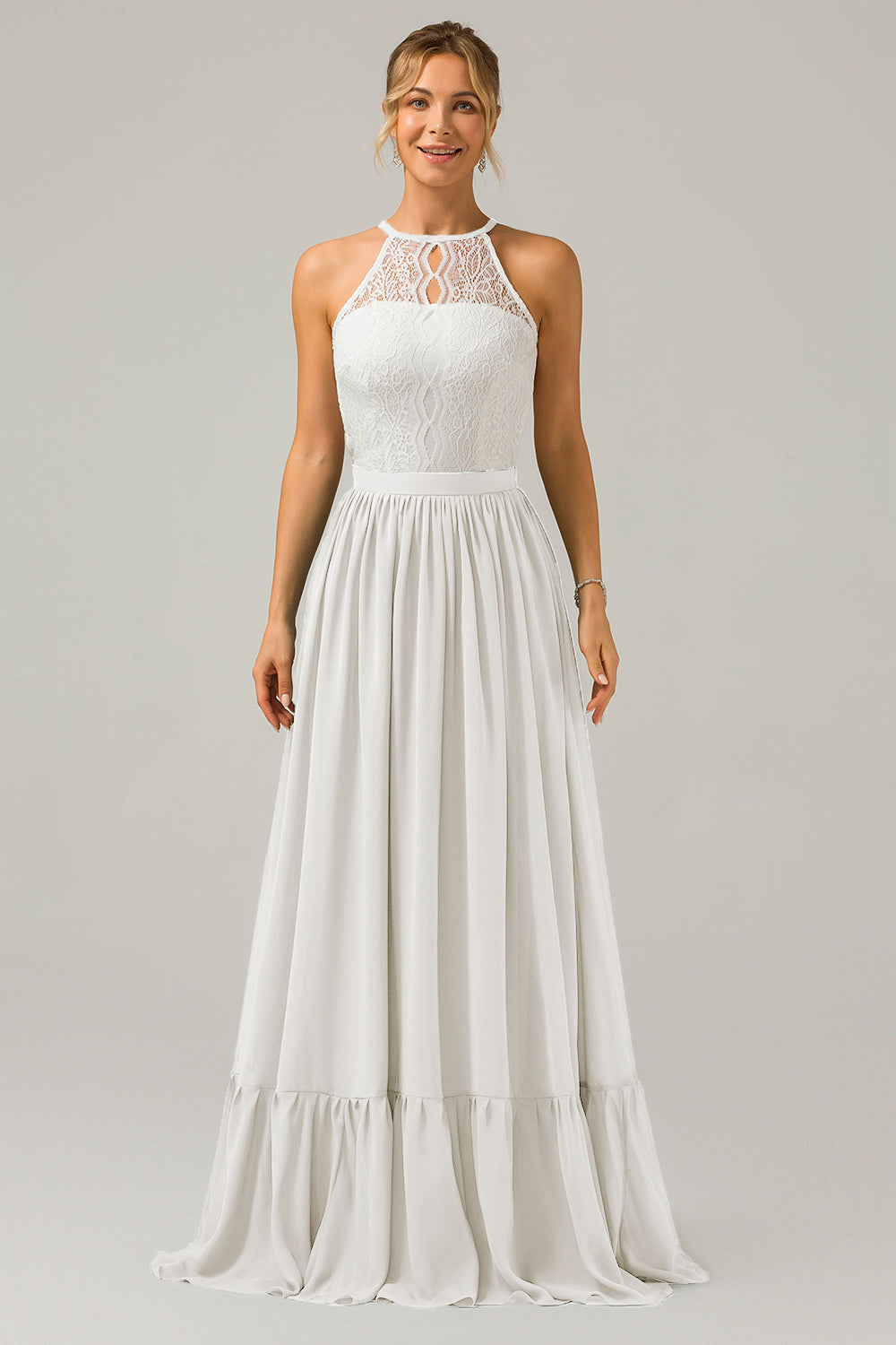 Vestido de dama de honor largo de gasa boho ojo de cerradura de azul polvoriento con encaje