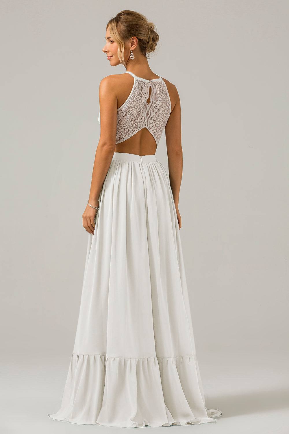 Vestido de dama de honor largo de gasa boho ojo de cerradura de azul polvoriento con encaje