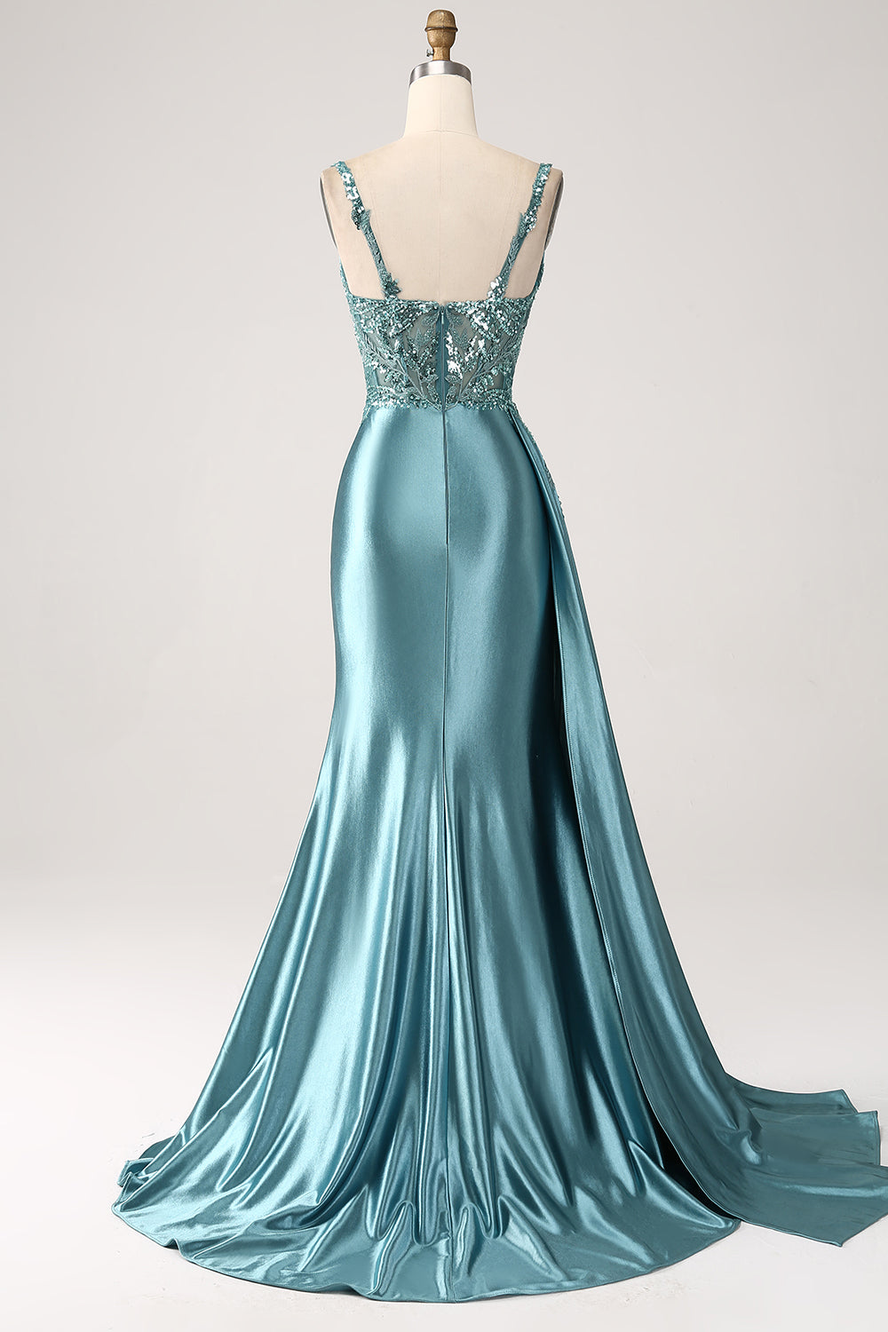 Vestido de fiesta de lentejuelas con apliques largos de satén con cuello en V de sirena azul con abertura