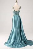 Vestido de fiesta de lentejuelas con apliques largos de satén con cuello en V de sirena azul con abertura