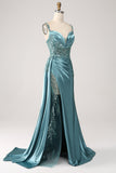 Vestido de fiesta de lentejuelas con apliques largos de satén con cuello en V de sirena azul con abertura