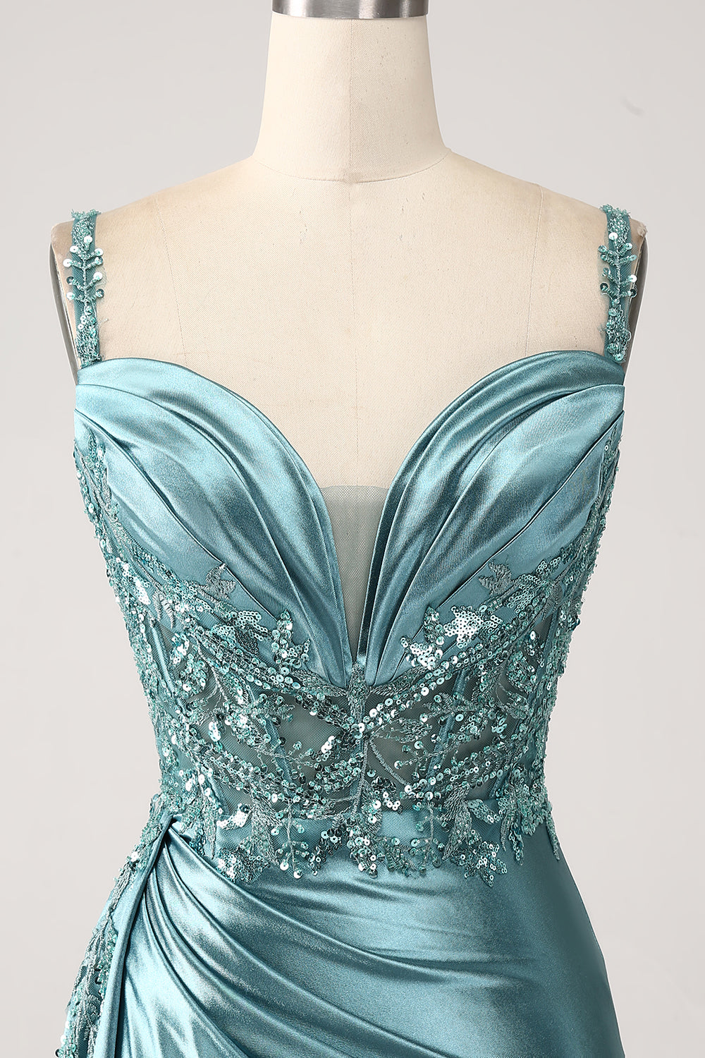 Vestido de fiesta de lentejuelas con apliques largos de satén con cuello en V de sirena azul con abertura