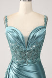 Vestido de fiesta de lentejuelas con apliques largos de satén con cuello en V de sirena azul con abertura