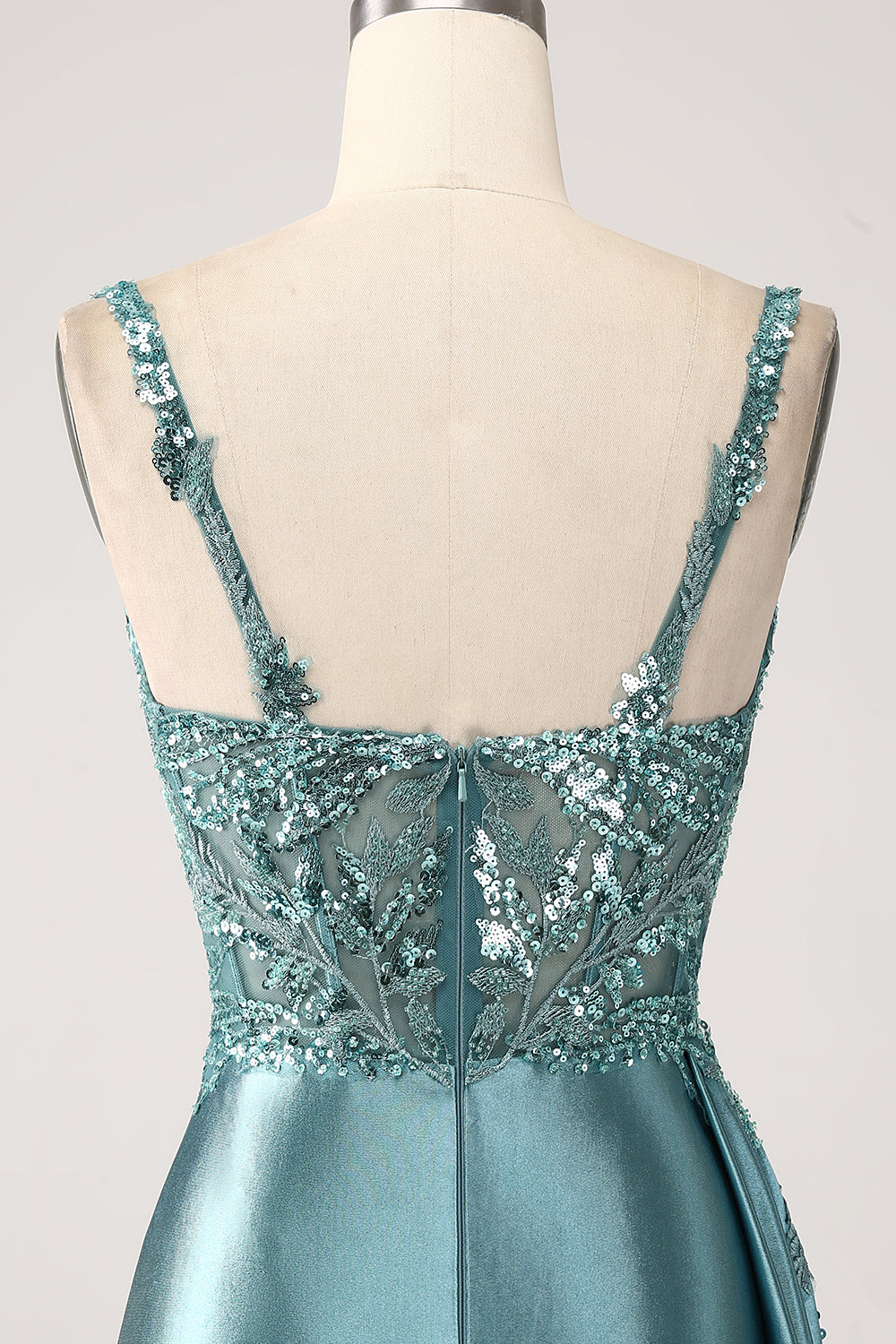 Vestido de fiesta de lentejuelas con apliques largos de satén con cuello en V de sirena azul con abertura