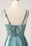 Vestido de fiesta de lentejuelas con apliques largos de satén con cuello en V de sirena azul con abertura