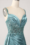 Vestido de fiesta de lentejuelas con apliques largos de satén con cuello en V de sirena azul con abertura