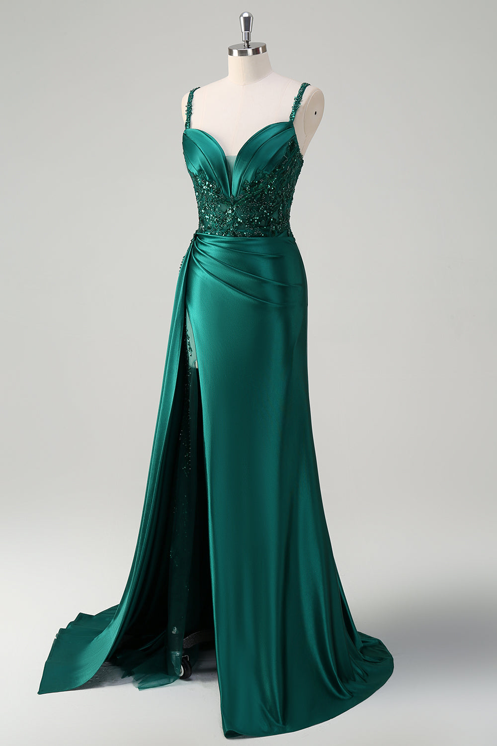 Vestido de fiesta de lentejuelas con apliques largos de satén con cuello en V de sirena azul con abertura