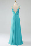 Vestido de dama de honor largo de gasa plisado con tirantes finos fucsia