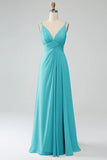 Vestido de dama de honor largo de gasa plisado con tirantes finos fucsia