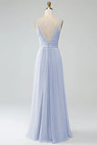 Vestido de dama de honor largo de gasa plisado con tirantes finos fucsia
