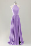 Vestido de dama de honor largo halter azul grisáceo con abertura