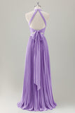 Vestido de dama de honor largo halter azul grisáceo con abertura