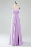 Lila A-Line Spaghetti Trapes Plisado Gasa Largo Vestido De Dama De Honor